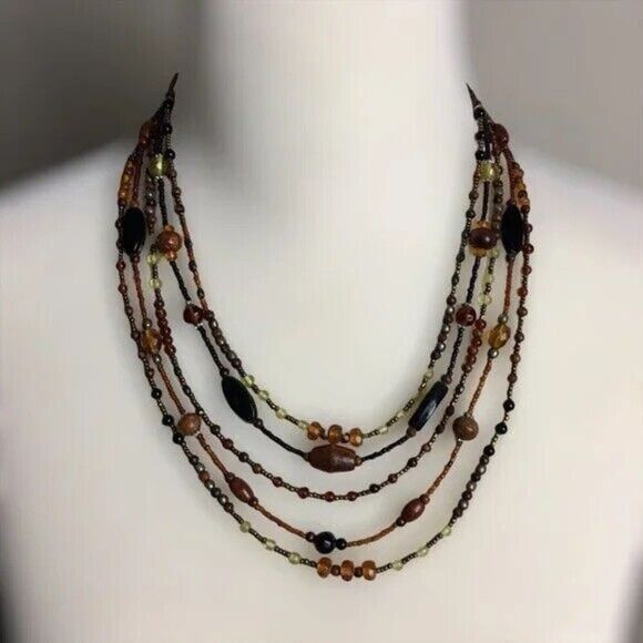 Vintage Beaded Necklace 1990s Layered Five Strands Brown Black w/ Lobster Clasp - Picture 8 of 8